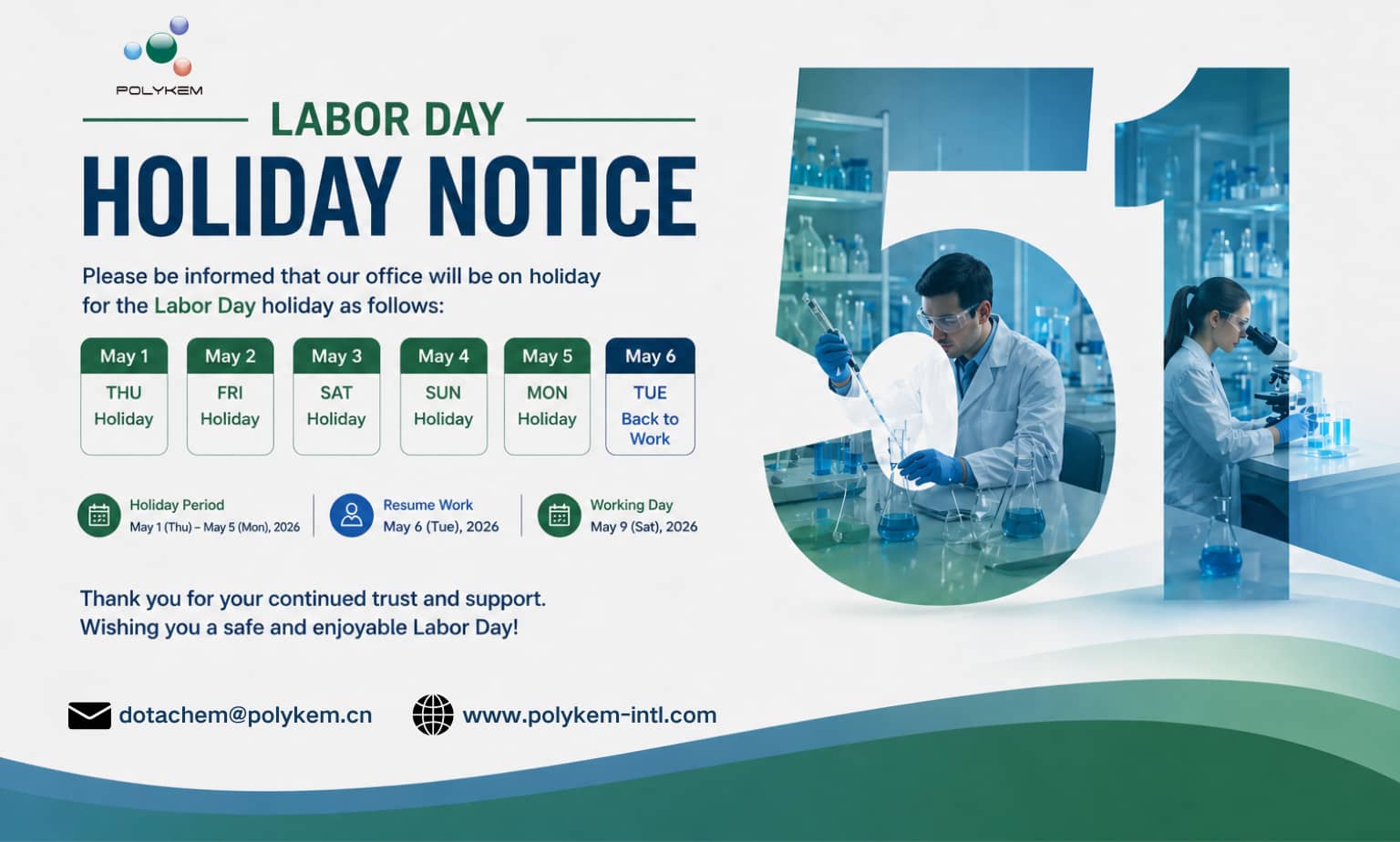 Polykem Labor Day Holiday Arrangement & Order Planning Påminnelse